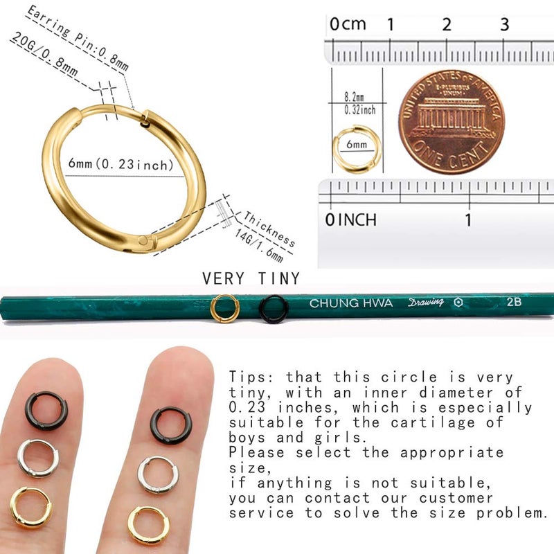 EACHLP 6MM Mini Hoop Earrings,Gold Silver Black Plated Tiny Thin Snug Cartilage Hoop Earring for Women&Men - Image 2